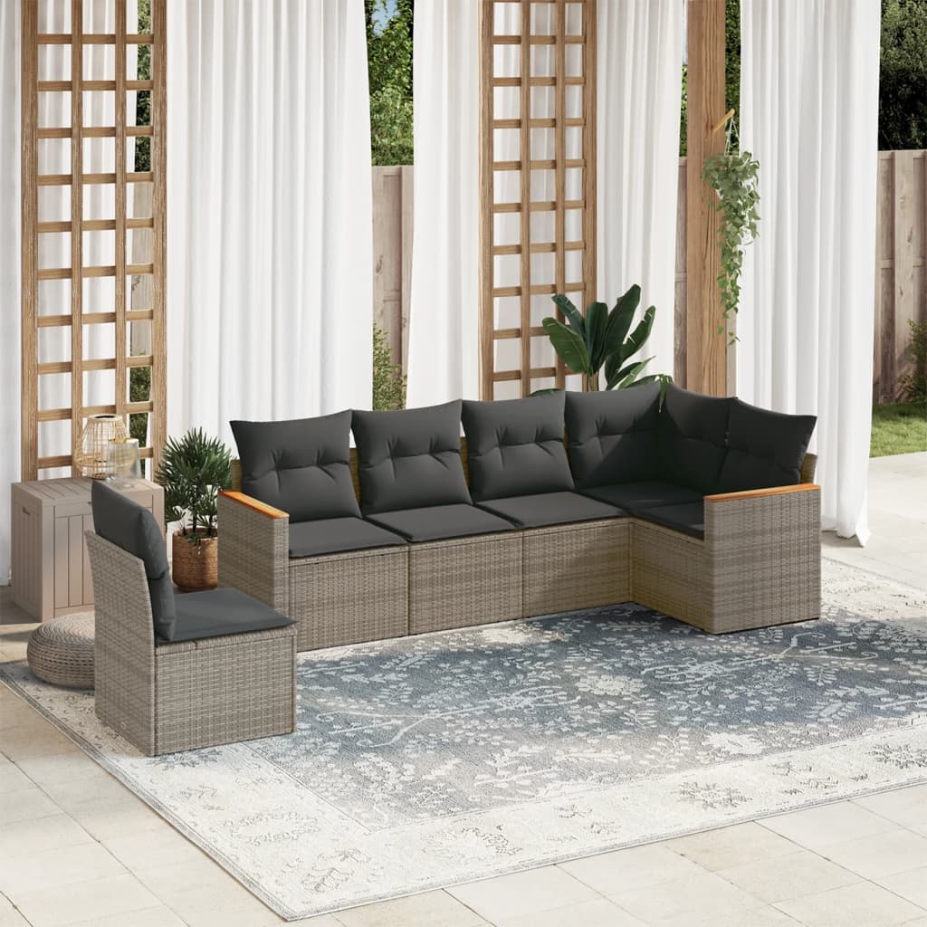 6-delige Loungeset met kussens poly rattan grijs