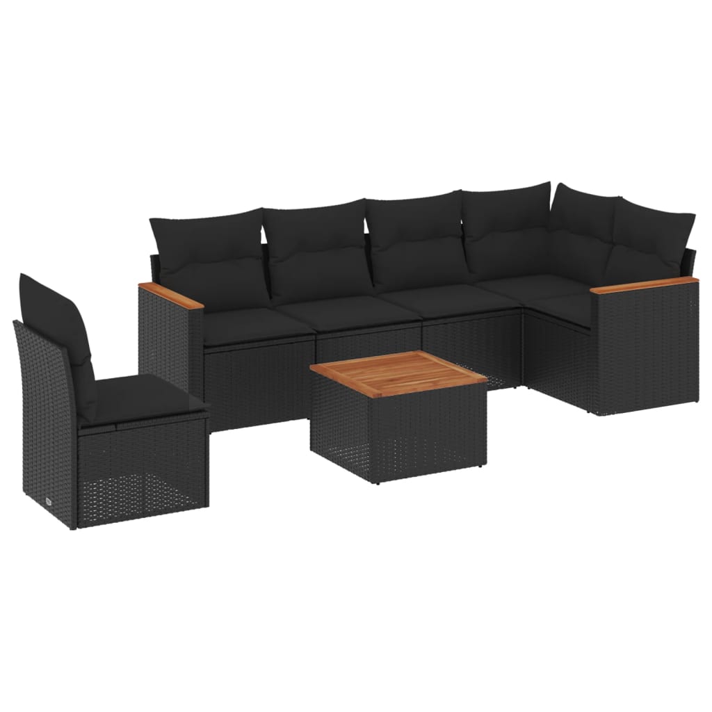 7-delige Loungeset met kussens poly rattan zwart