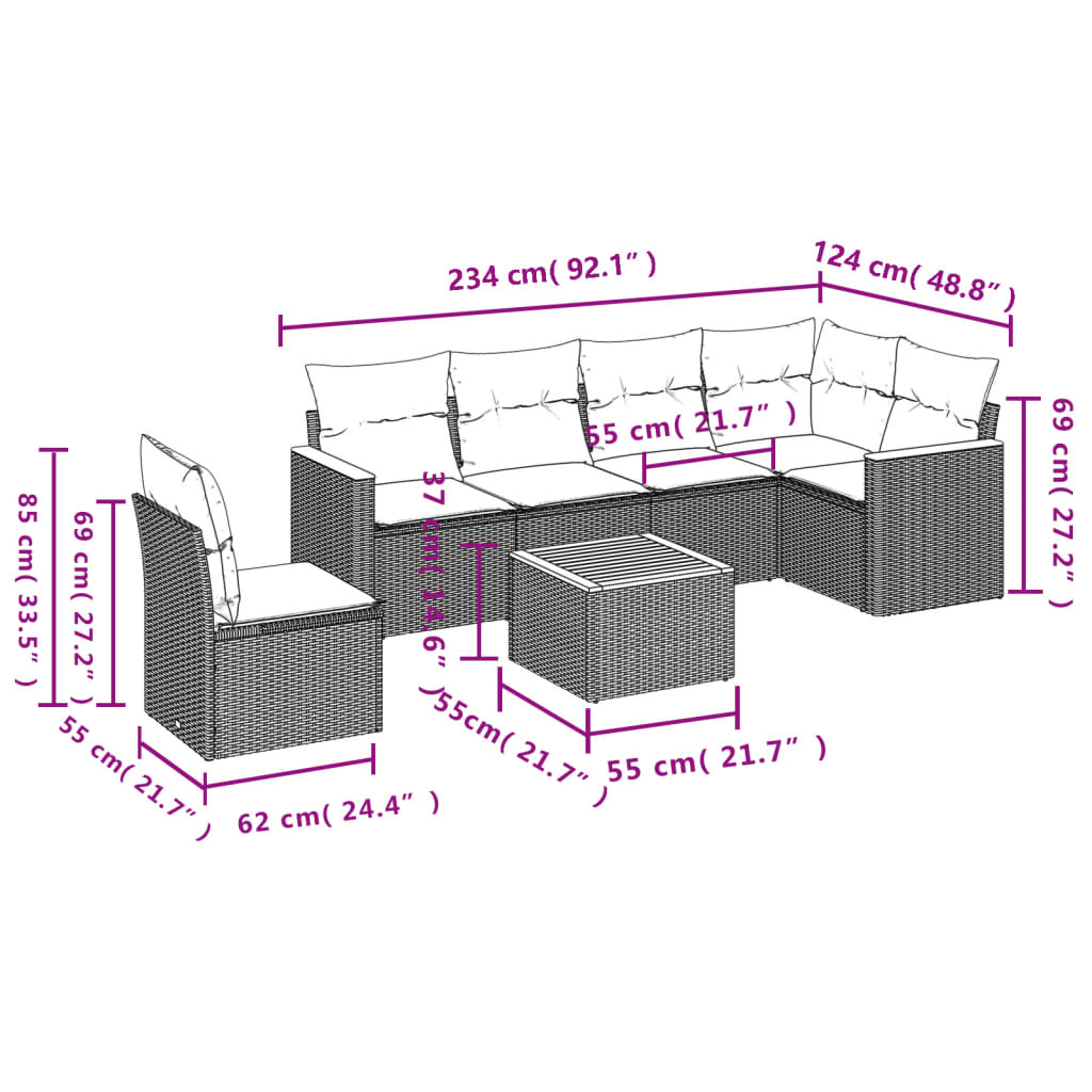 7-delige Loungeset met kussens poly rattan zwart