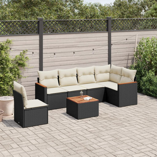 7-delige Loungeset met kussens poly rattan zwart