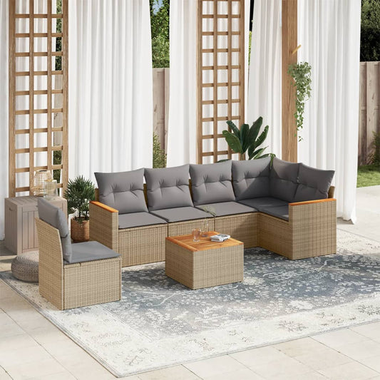 7-delige Loungeset met kussens poly rattan beige