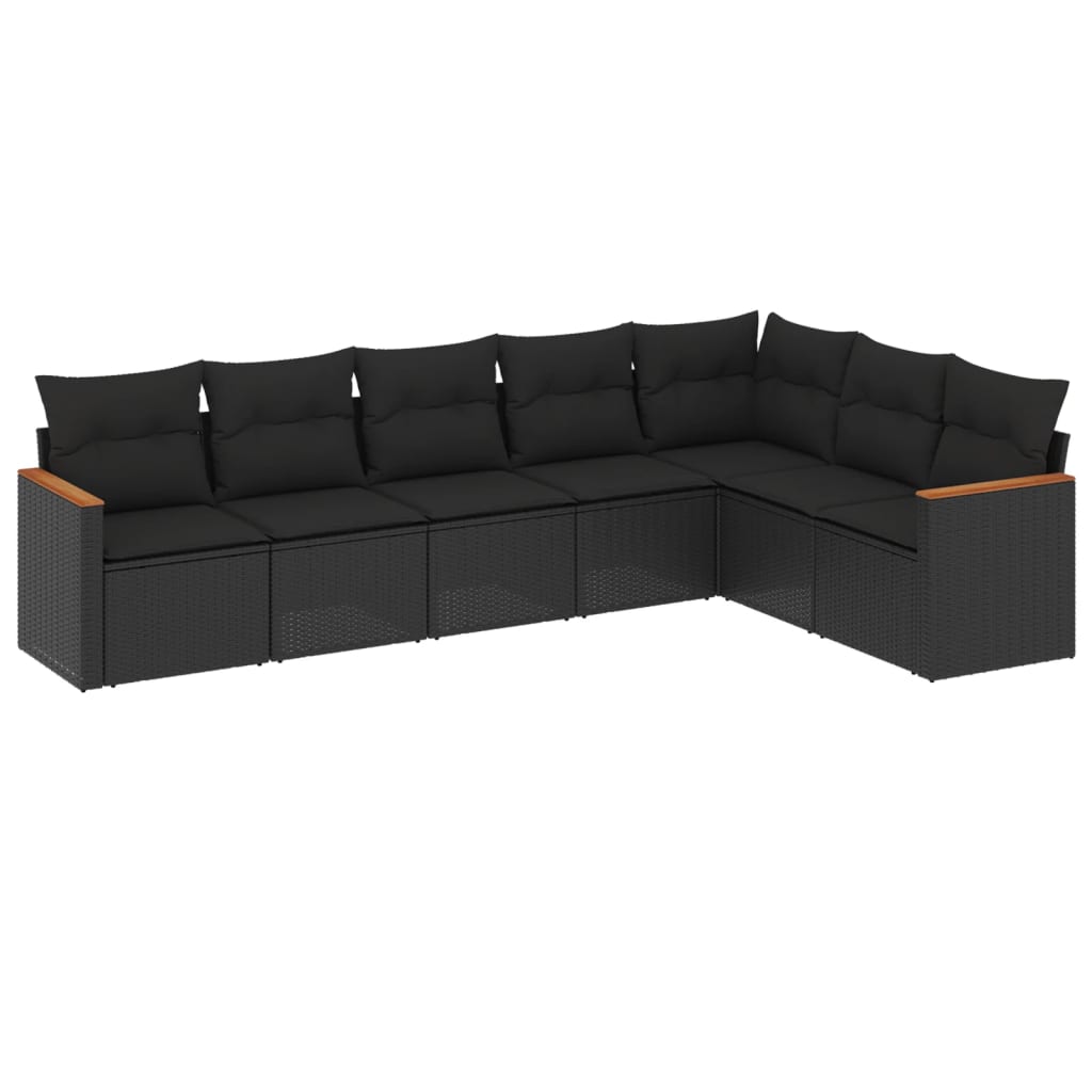 7-delige Loungeset met kussens poly rattan zwart