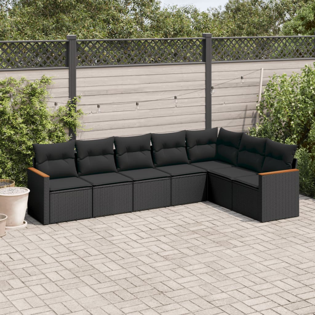 7-delige Loungeset met kussens poly rattan zwart