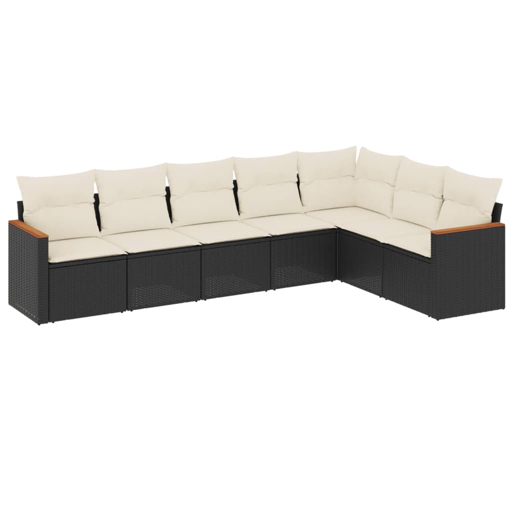 7-delige Loungeset met kussens poly rattan zwart