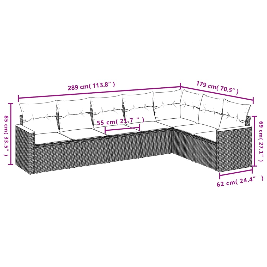 7-delige Loungeset met kussens poly rattan zwart