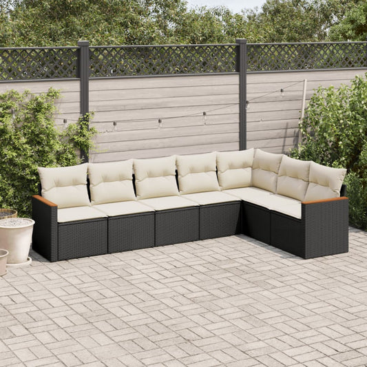 7-delige Loungeset met kussens poly rattan zwart