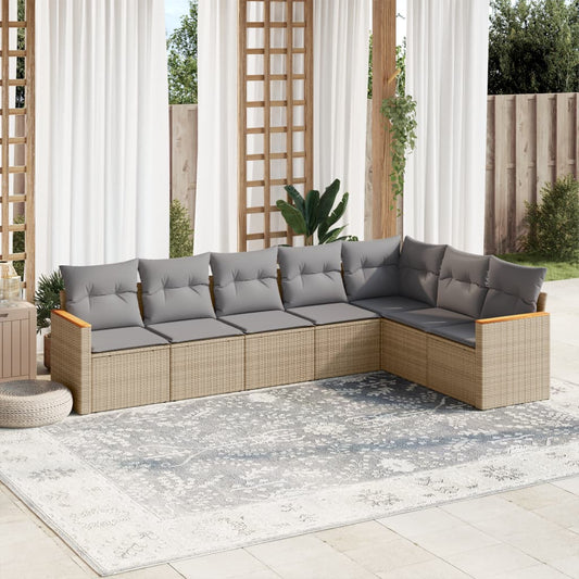 7-delige Loungeset met kussens poly rattan beige