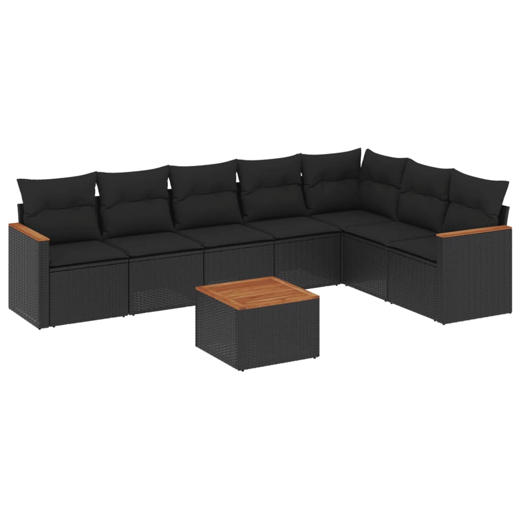 8-delige Loungeset met kussens poly rattan zwart