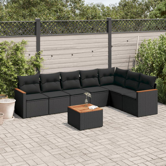 8-delige Loungeset met kussens poly rattan zwart