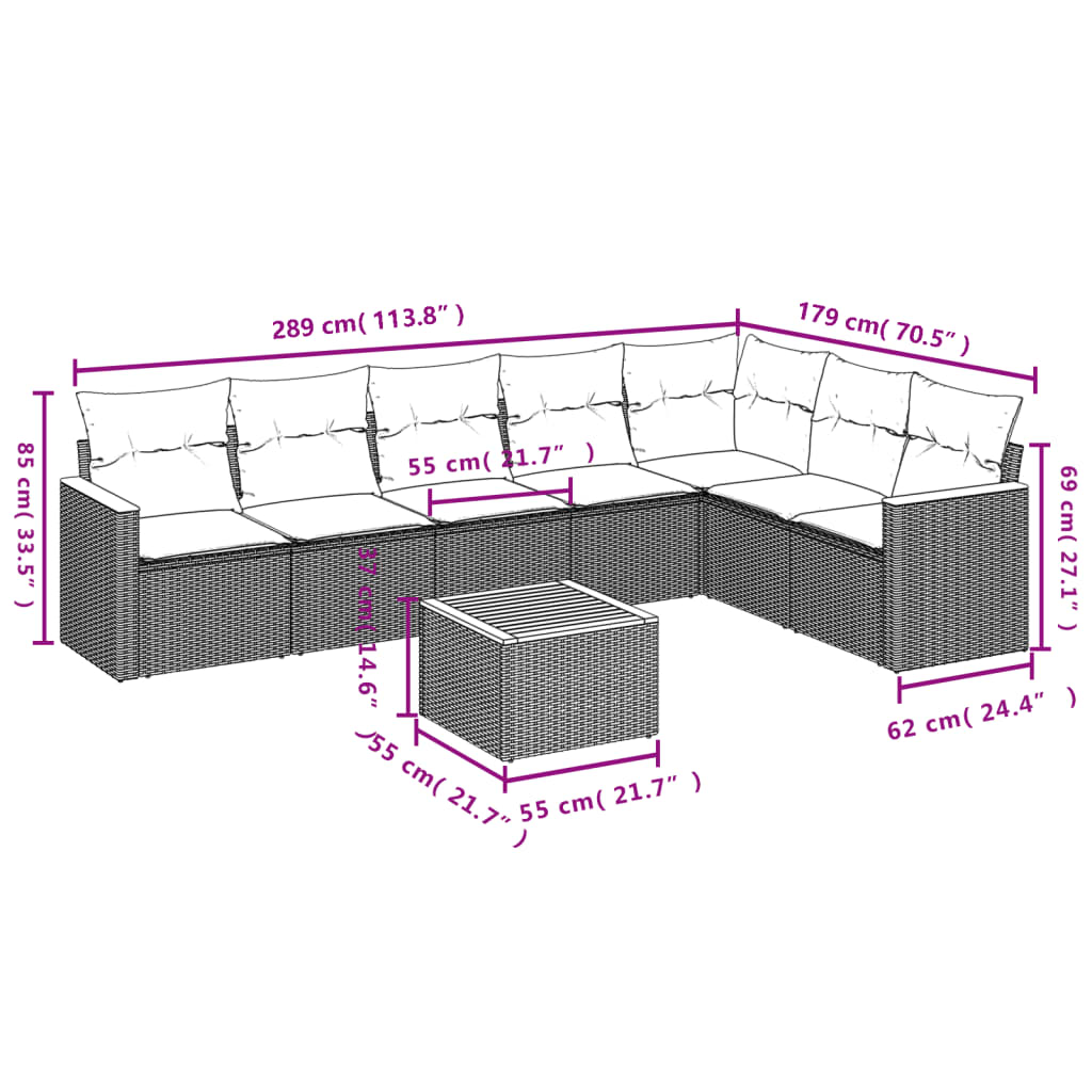 8-delige Loungeset met kussens poly rattan zwart