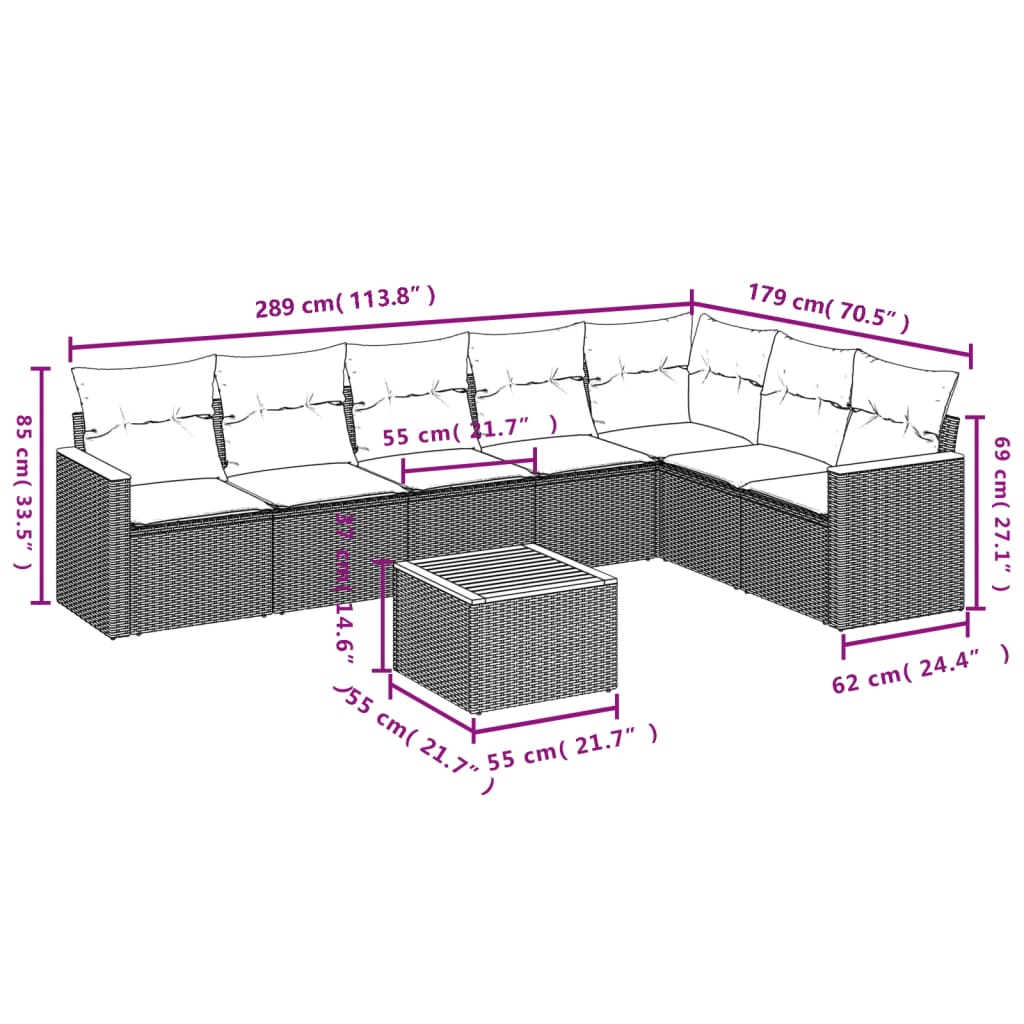 8-delige Loungeset met kussens poly rattan grijs