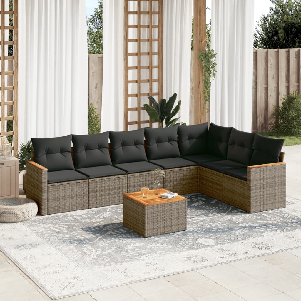 8-delige Loungeset met kussens poly rattan grijs