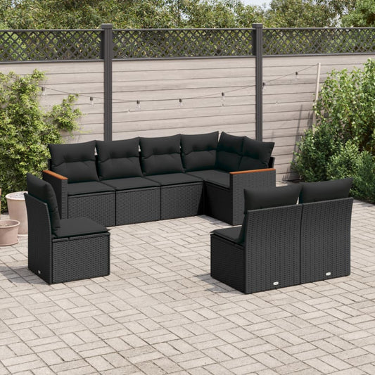 8-delige Loungeset met kussens poly rattan zwart