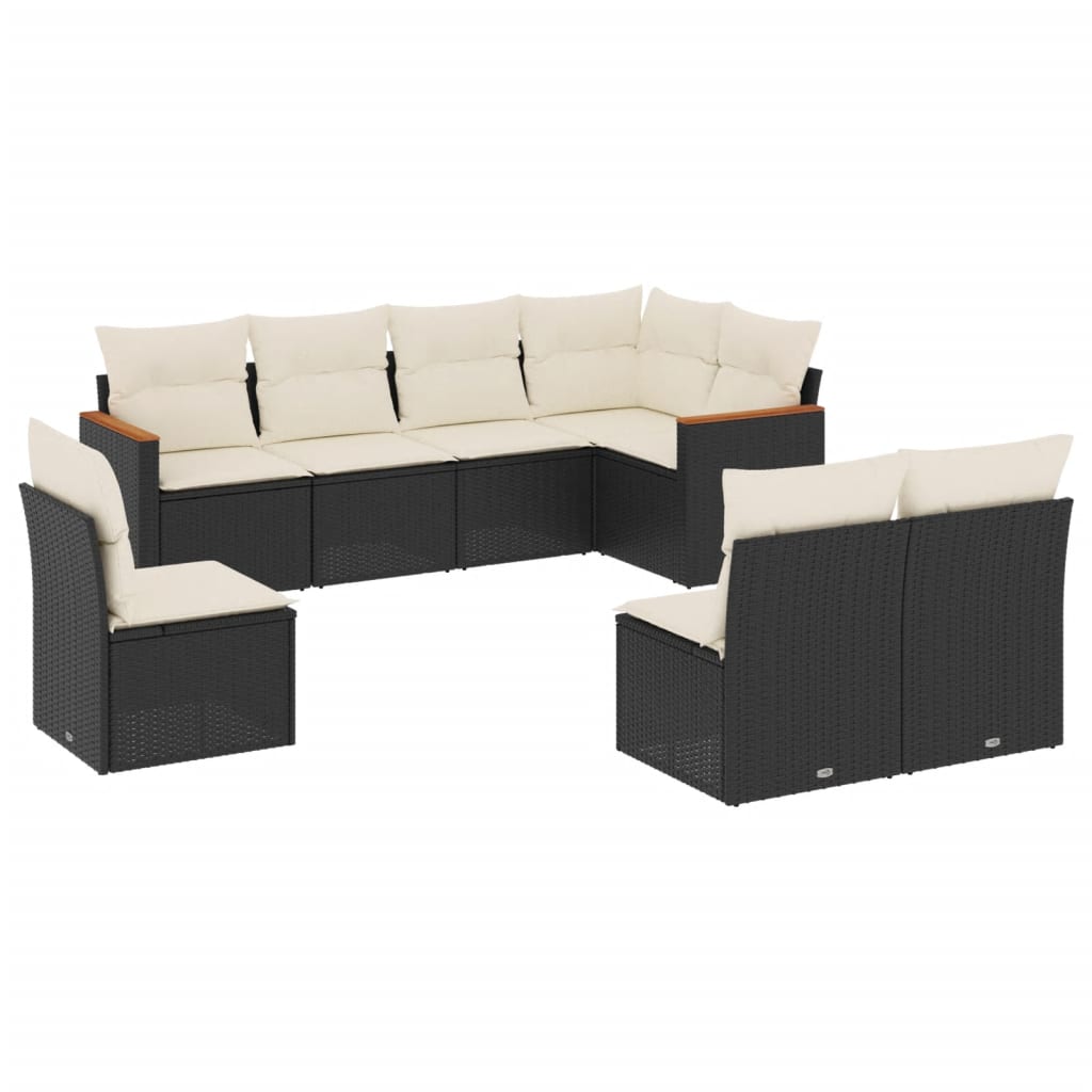 8-delige Loungeset met kussens poly rattan zwart