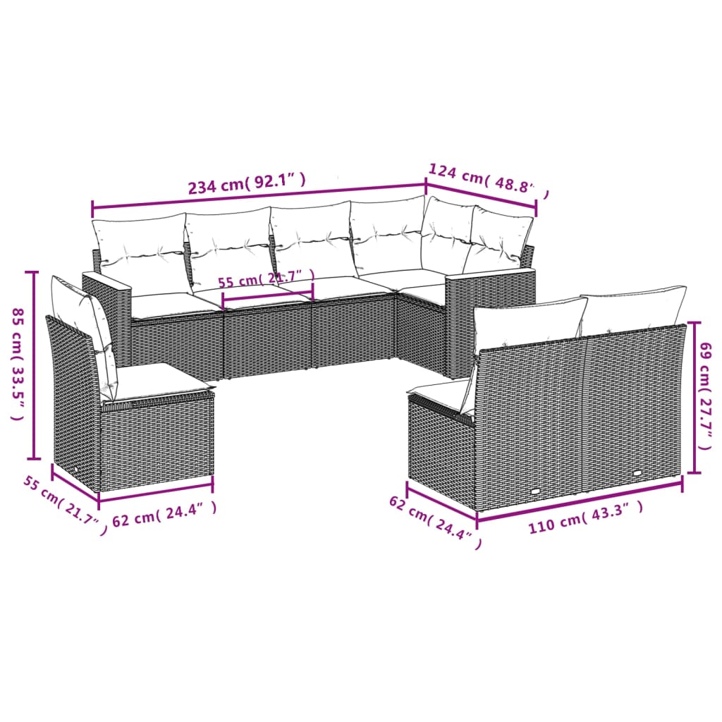 8-delige Loungeset met kussens poly rattan zwart