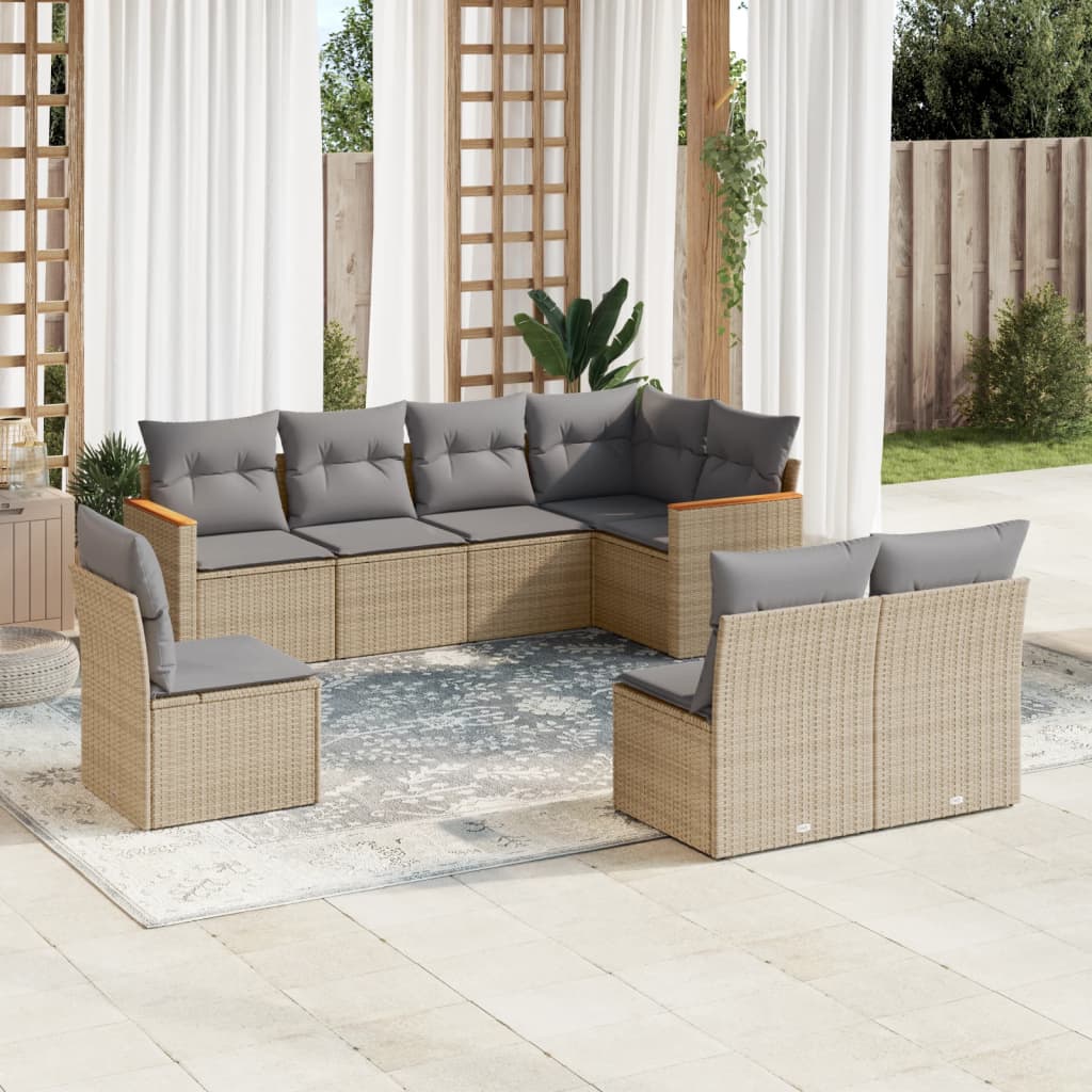 8-delige Loungeset met kussens poly rattan beige