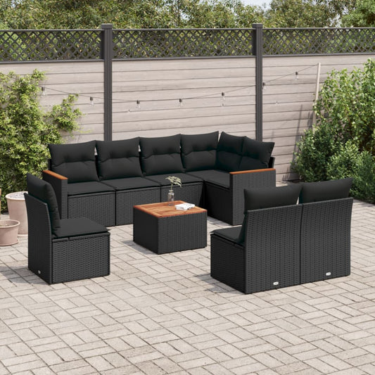 9-delige Loungeset met kussens poly rattan zwart