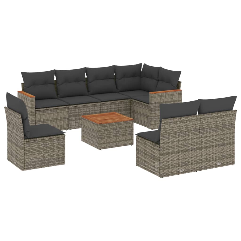 9-delige Loungeset met kussens poly rattan grijs