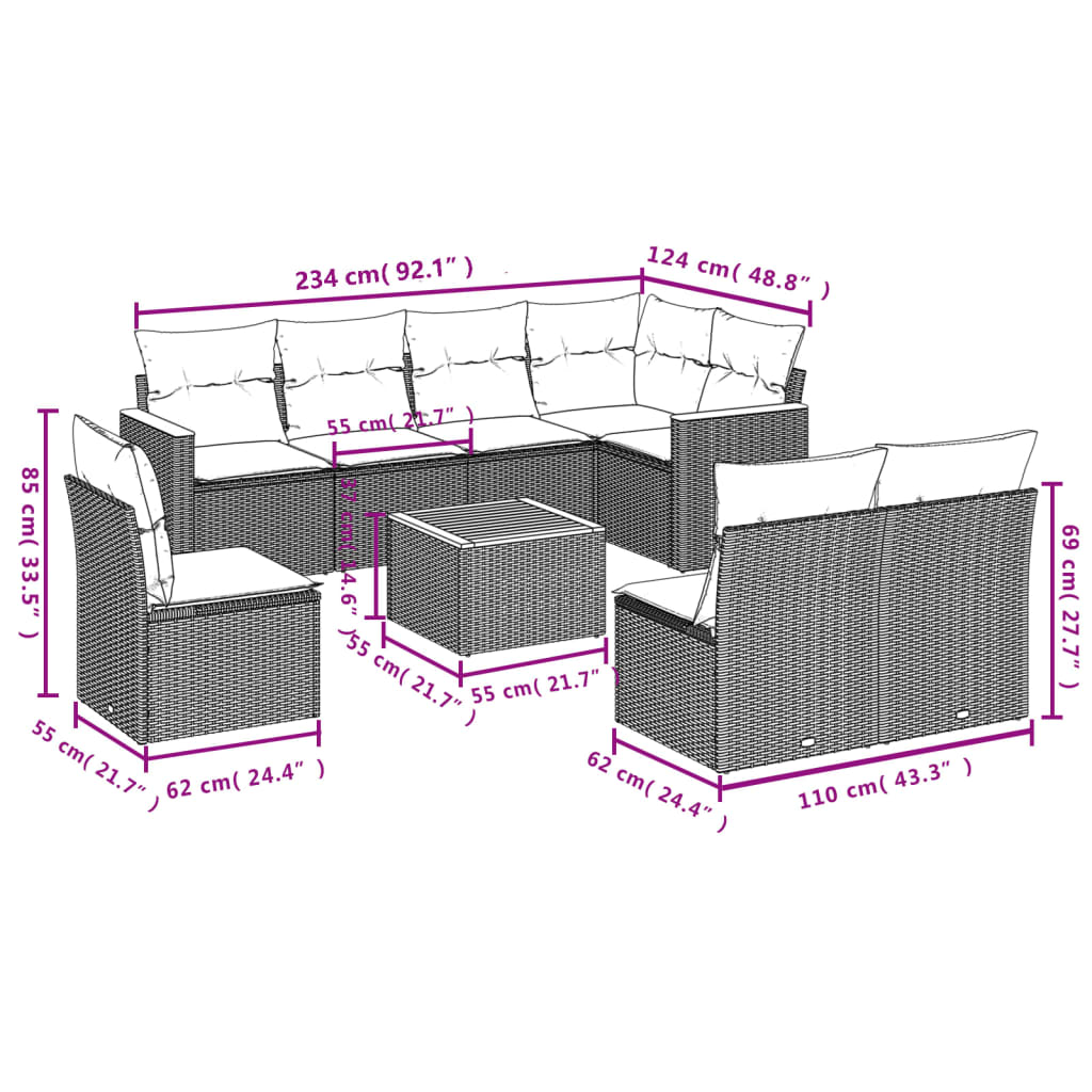 9-delige Loungeset met kussens poly rattan grijs