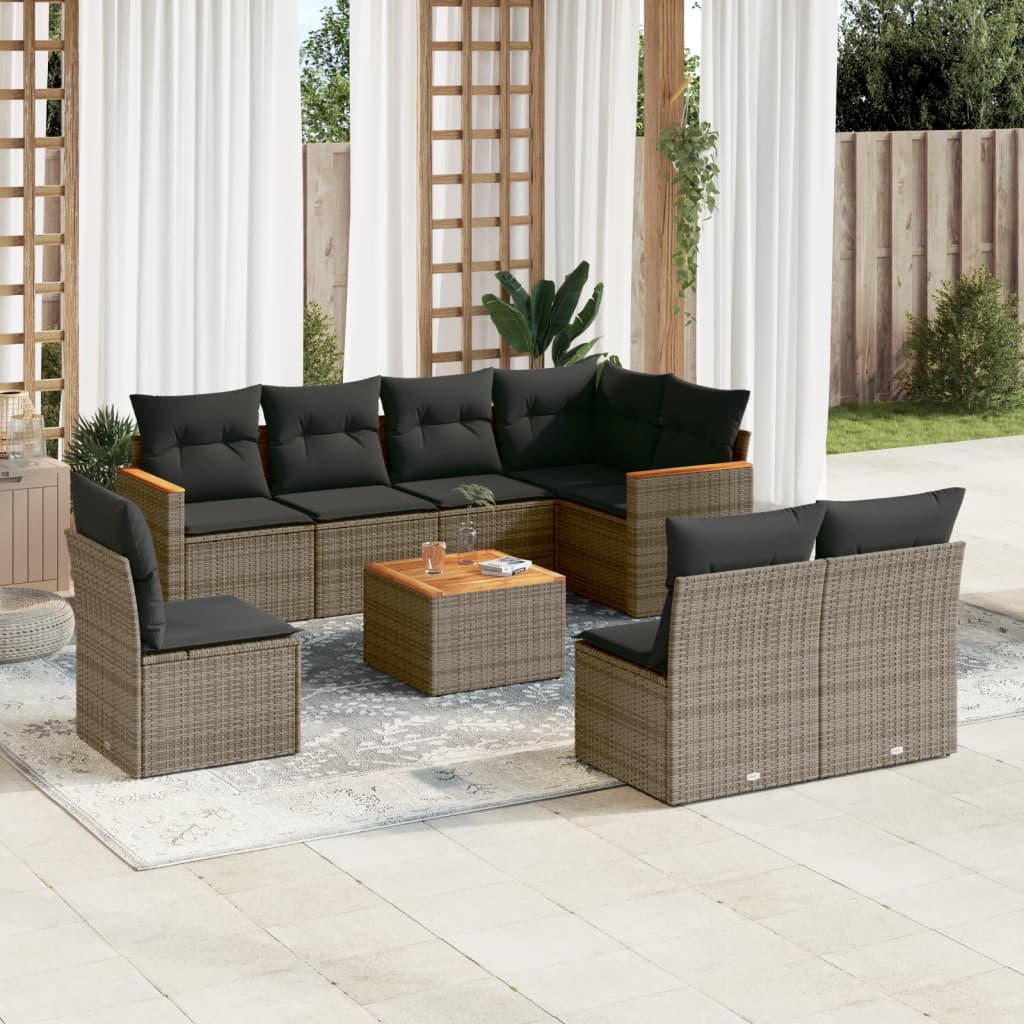 9-delige Loungeset met kussens poly rattan grijs