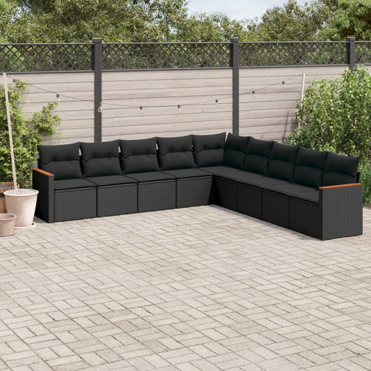 9-delige Loungeset met kussens poly rattan zwart