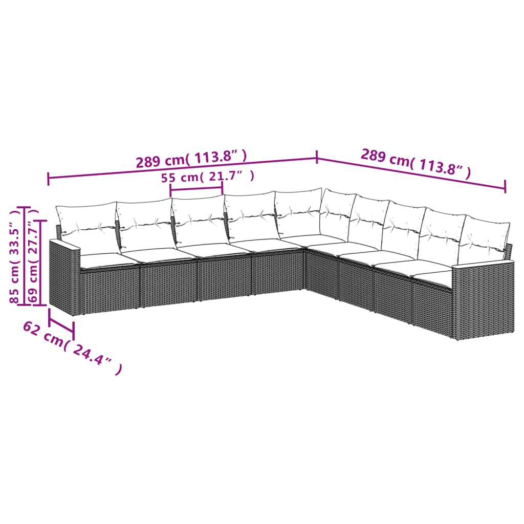 9-delige Loungeset met kussens poly rattan zwart