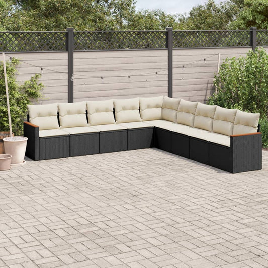 9-delige Loungeset met kussens poly rattan zwart