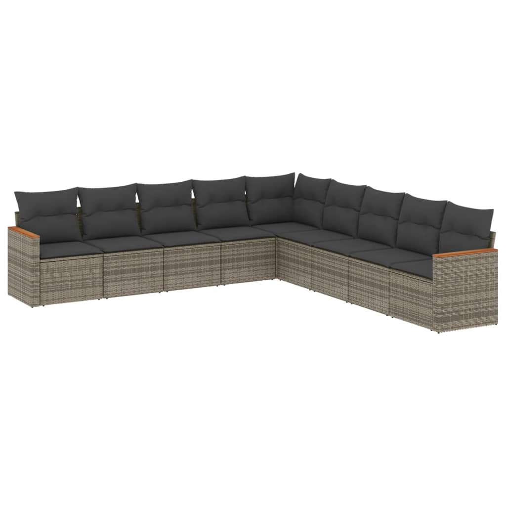 9-delige Loungeset met kussens poly rattan grijs