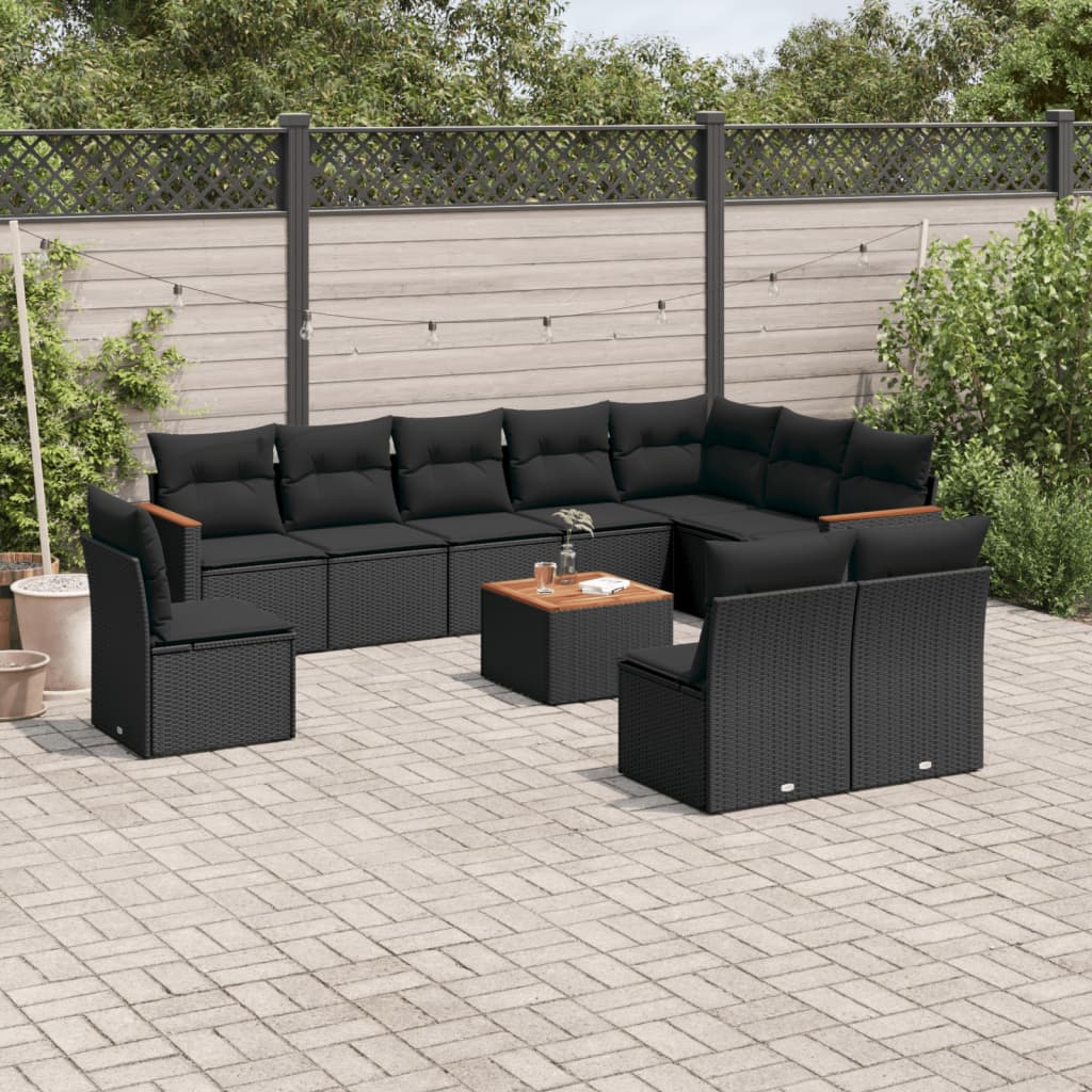 11-delige Loungeset met kussens poly rattan zwart