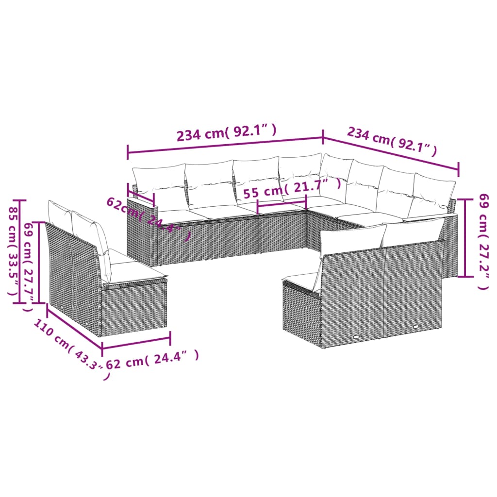 11-delige Tuinset met kussens poly rattan beige