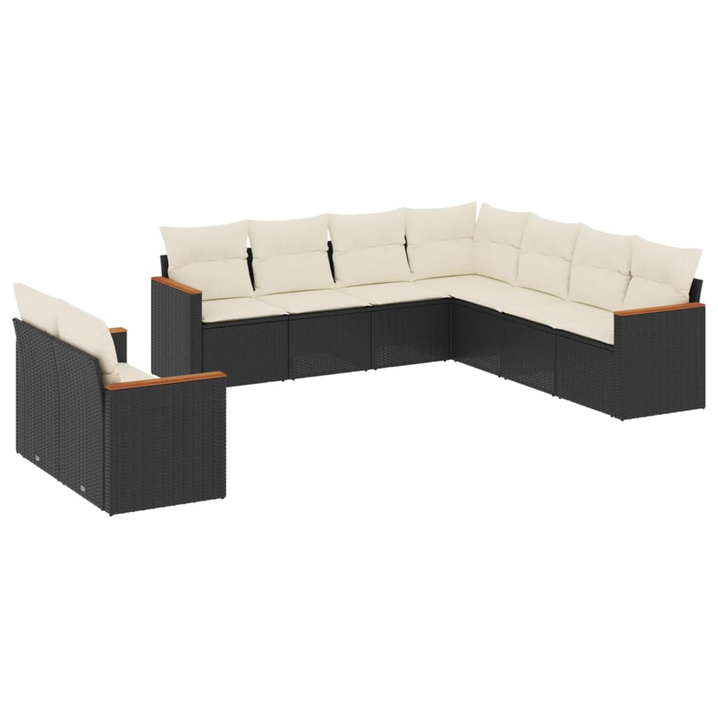 9-delige Loungeset met kussens poly rattan zwart