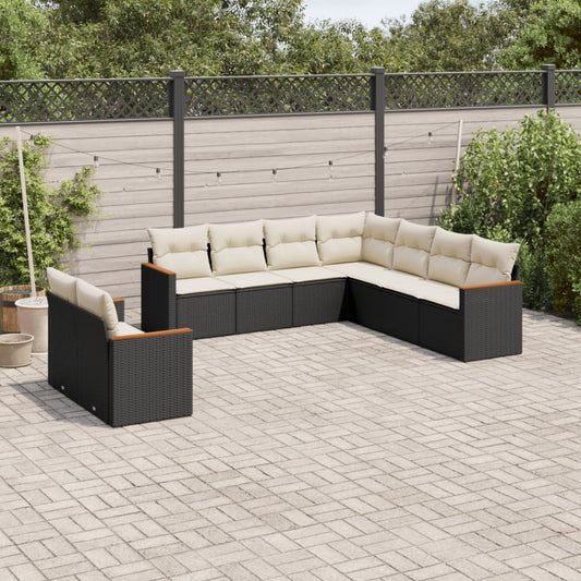 9-delige Loungeset met kussens poly rattan zwart