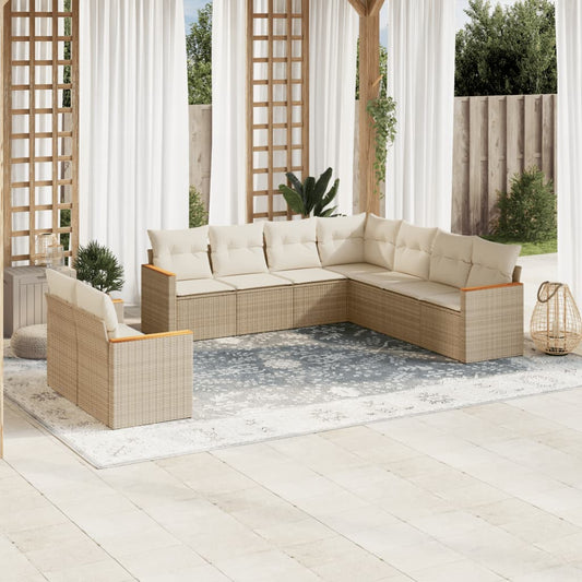 9-delige Loungeset met kussens poly rattan beige