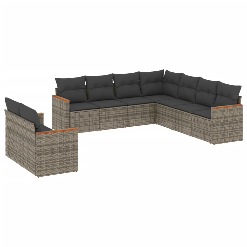 9-delige Loungeset met kussens poly rattan grijs