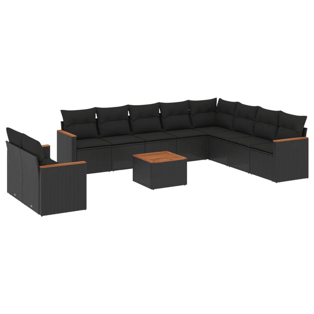 11-delige Loungeset met kussens poly rattan zwart