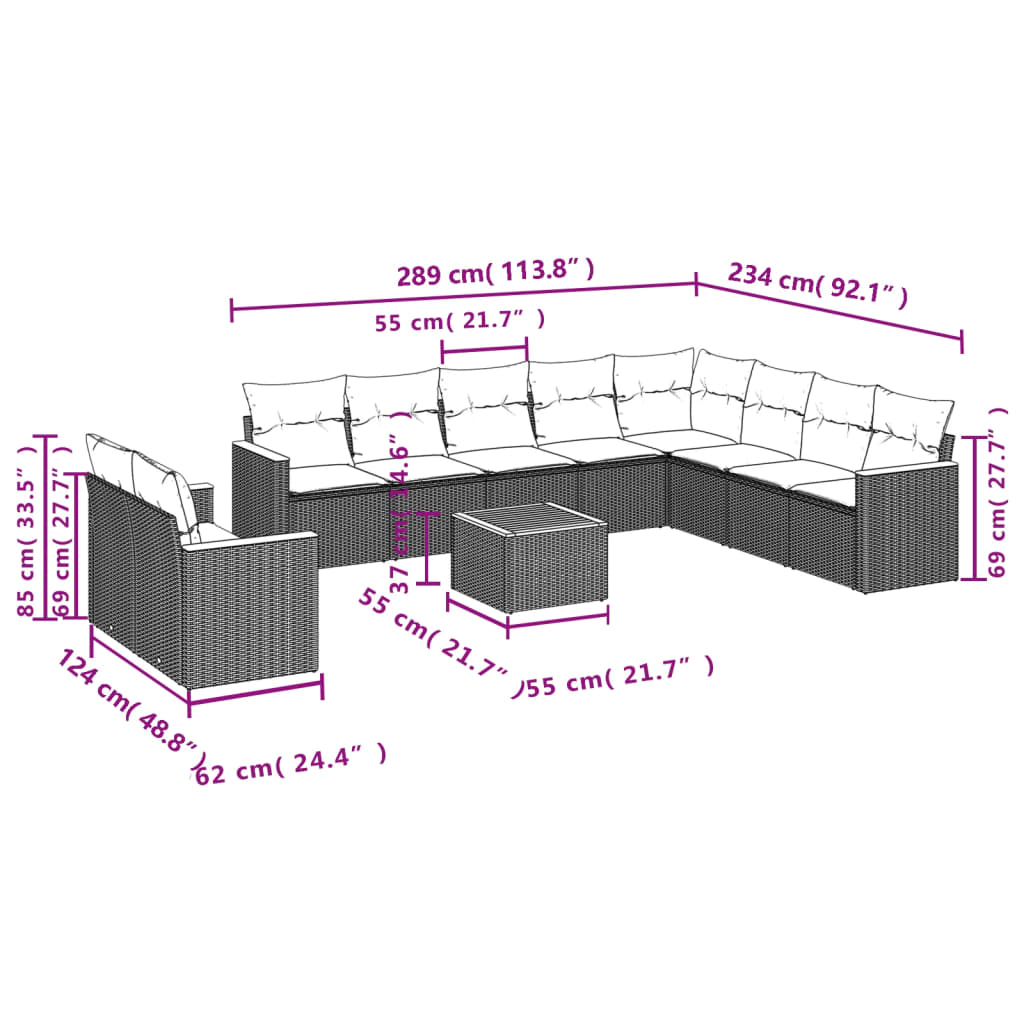 11-delige Loungeset met kussens poly rattan zwart