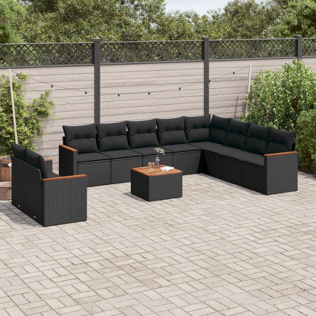 11-delige Loungeset met kussens poly rattan zwart