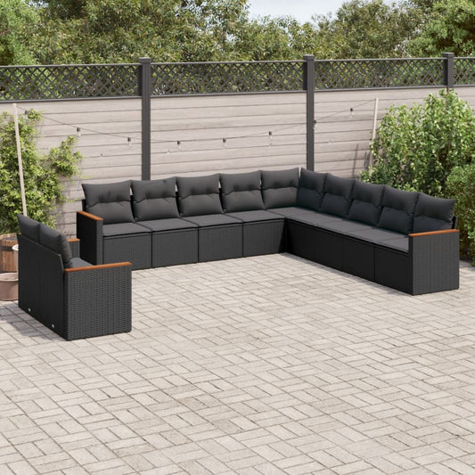 11-delige Loungeset met kussens poly rattan zwart