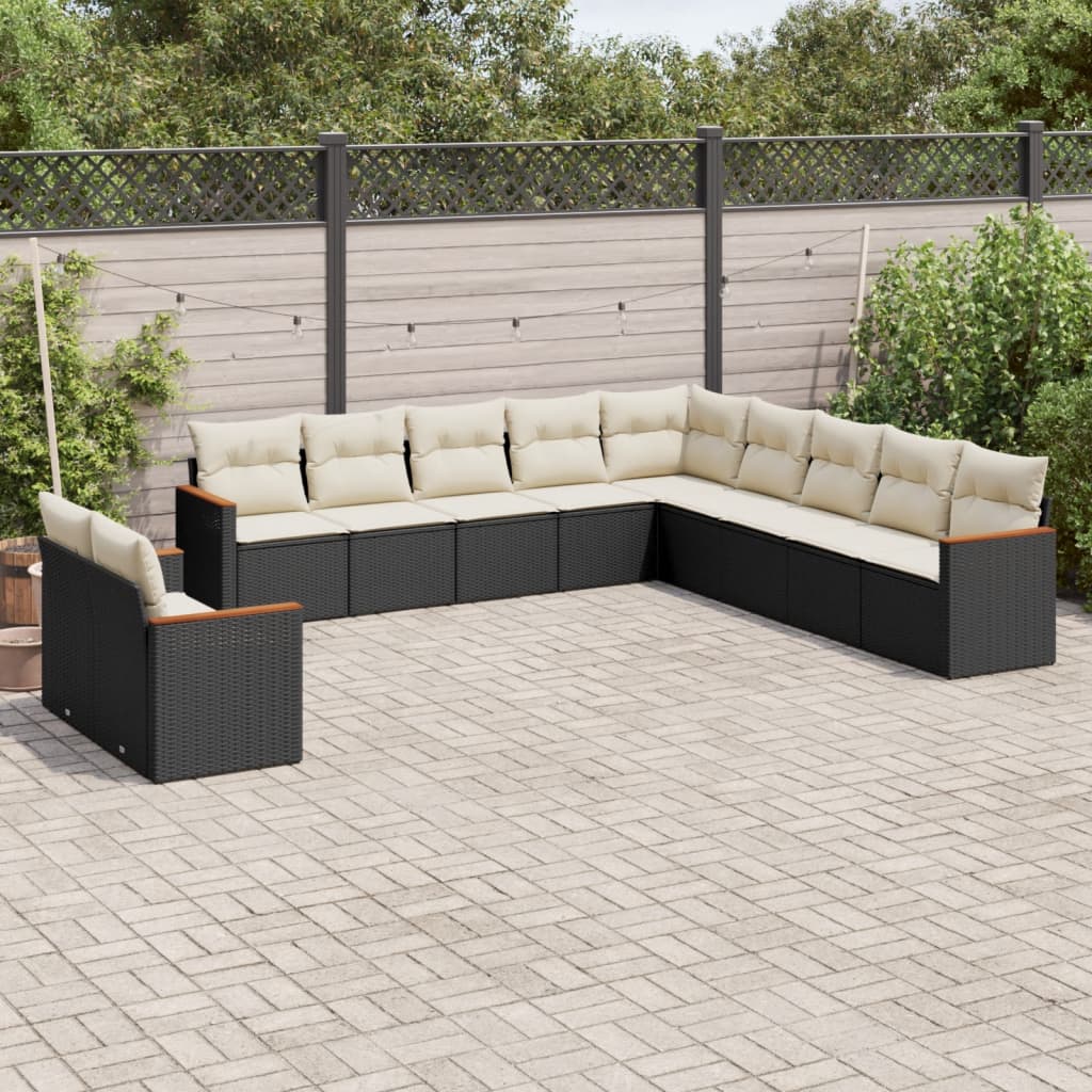 11-delige Loungeset met kussens poly rattan zwart