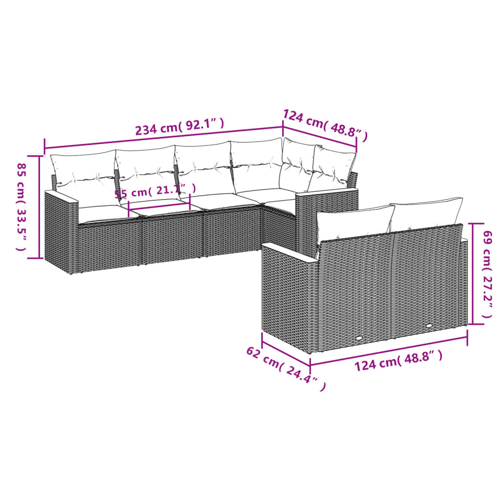 7-delige Loungeset met kussens poly rattan zwart