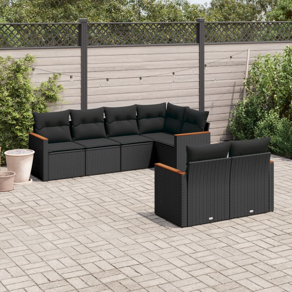 7-delige Loungeset met kussens poly rattan zwart