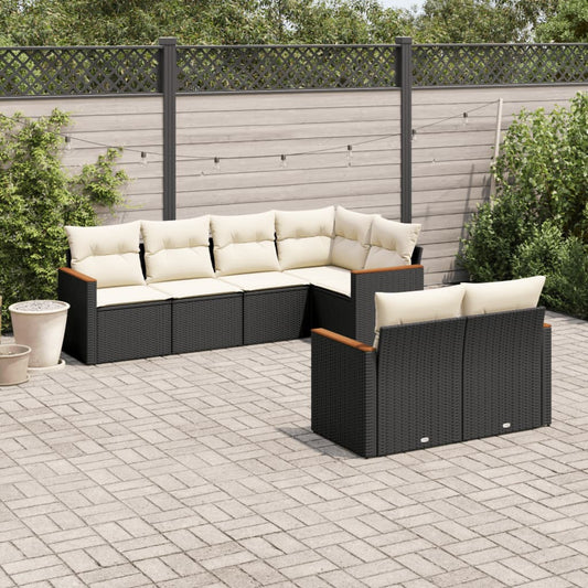 7-delige Loungeset met kussens poly rattan zwart