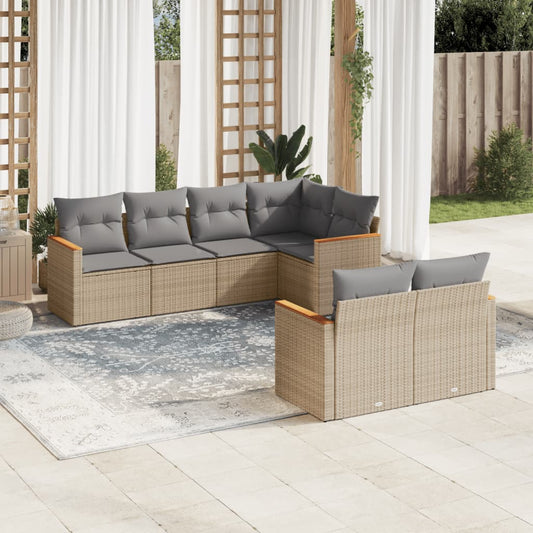 7-delige Loungeset met kussens poly rattan beige