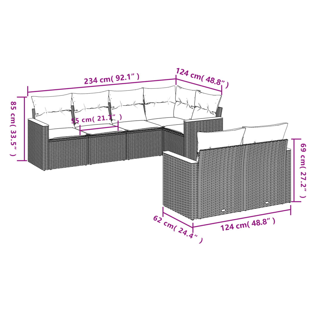 7-delige Loungeset met kussens poly rattan grijs