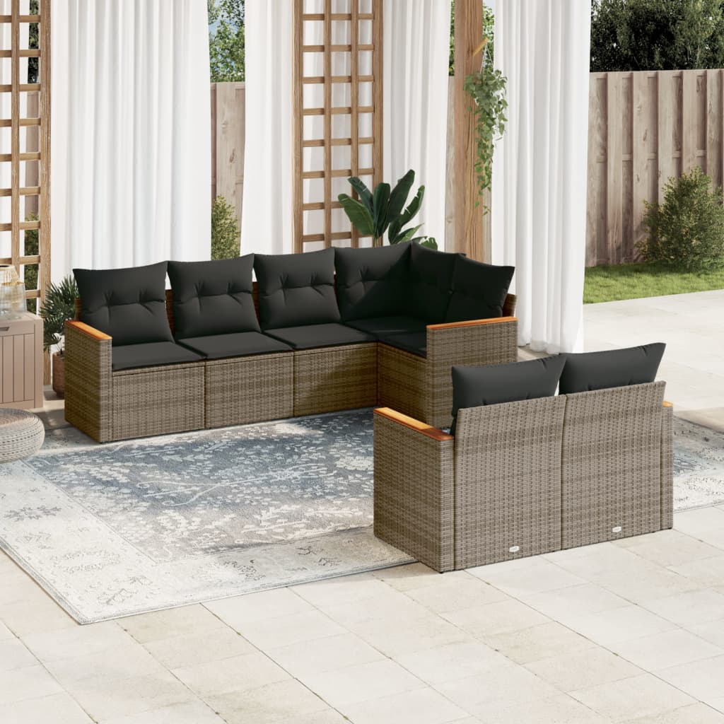 7-delige Loungeset met kussens poly rattan grijs