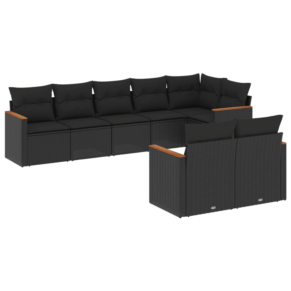 8-delige Loungeset met kussens poly rattan zwart