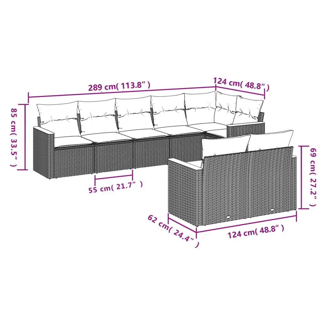 8-delige Loungeset met kussens poly rattan zwart