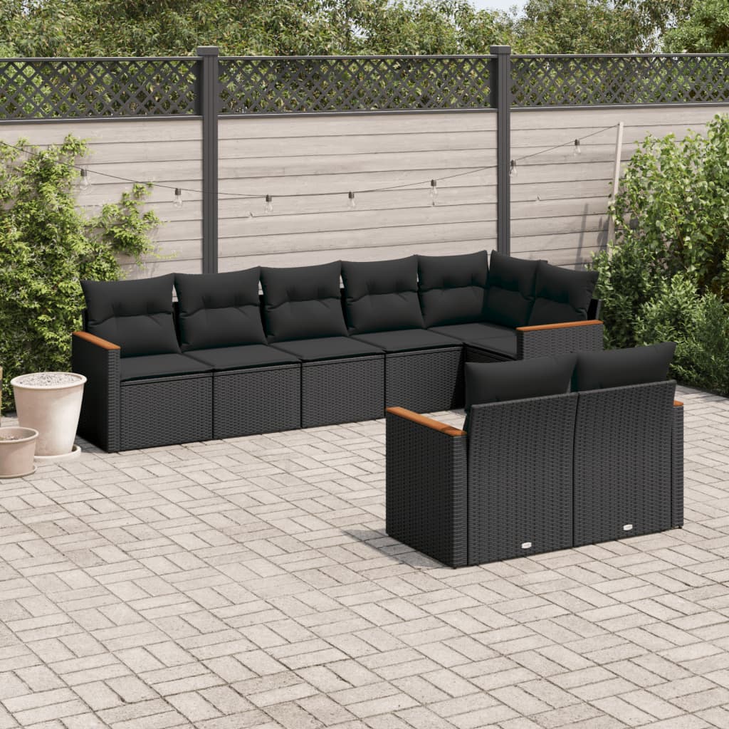 8-delige Loungeset met kussens poly rattan zwart