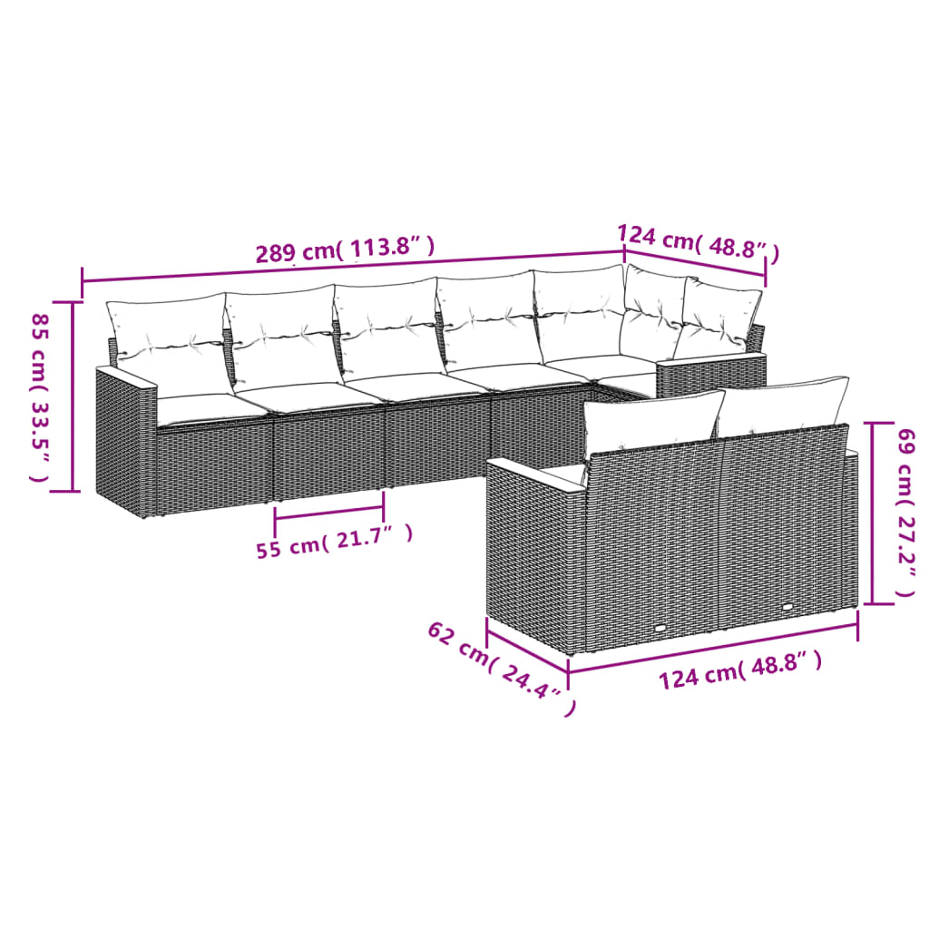 8-delige Loungeset met kussens poly rattan grijs