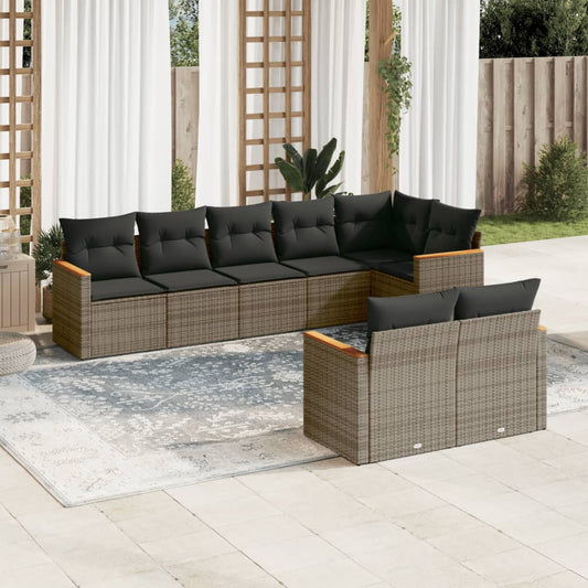 8-delige Loungeset met kussens poly rattan grijs